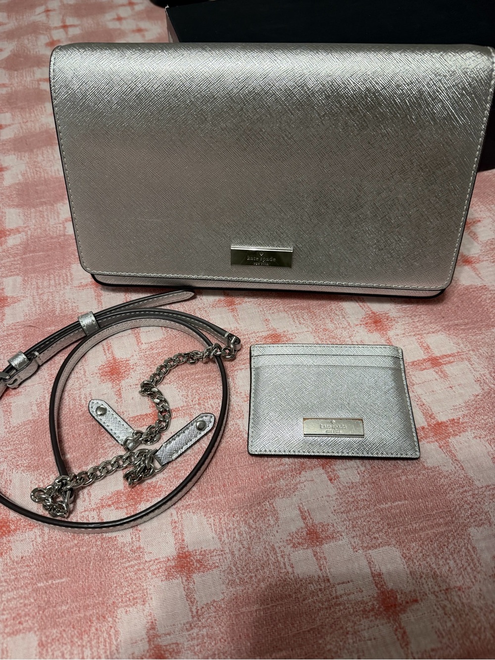 Kate Spade Kenzie Metallic Silver Crossbody Bag + Card Holder SET 🤩